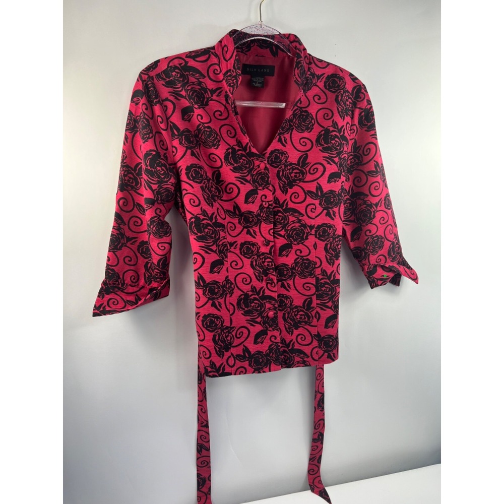Silk Land 5 Button‎ Blazer Women's Sz S Red Floral 3/4 Sleeve Stand Up Collar